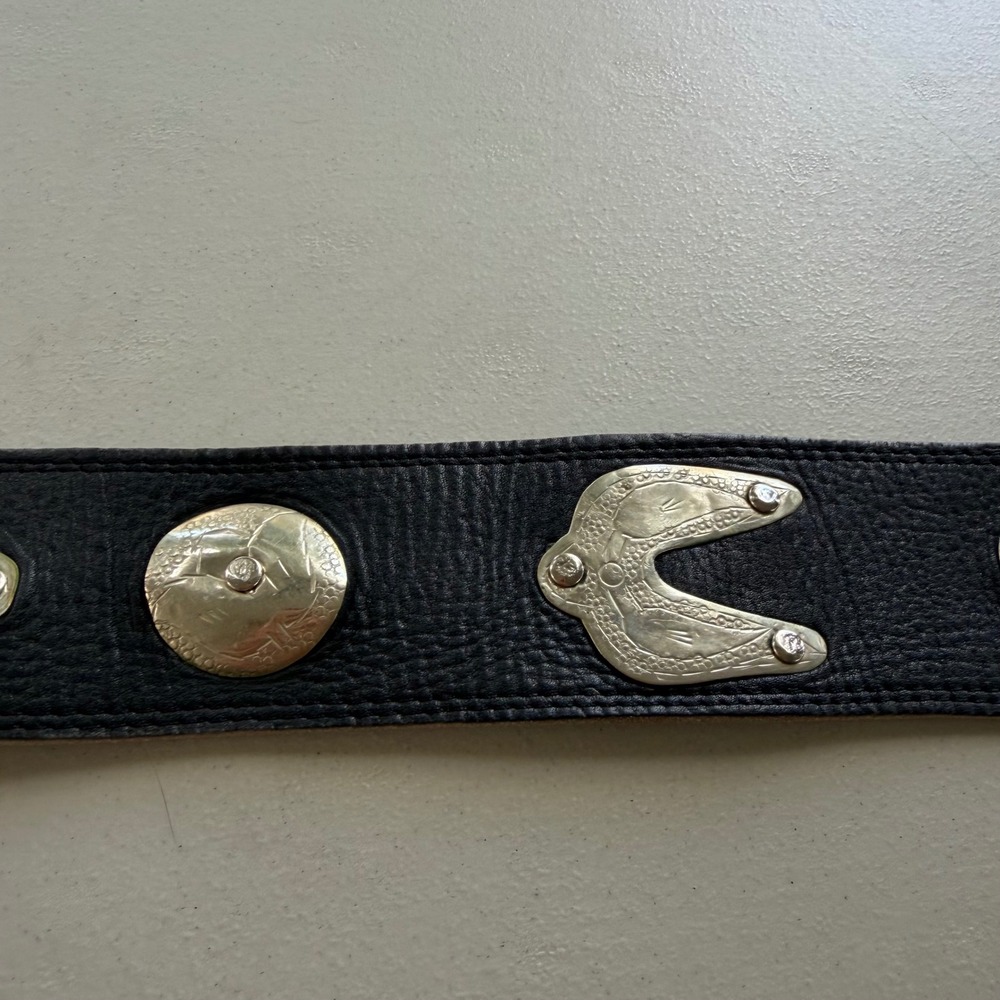 Vintage 1980s Black Genuine Leather Moroccan Concho Waist Belt Wide Silver Tone - Picture 12 of 15